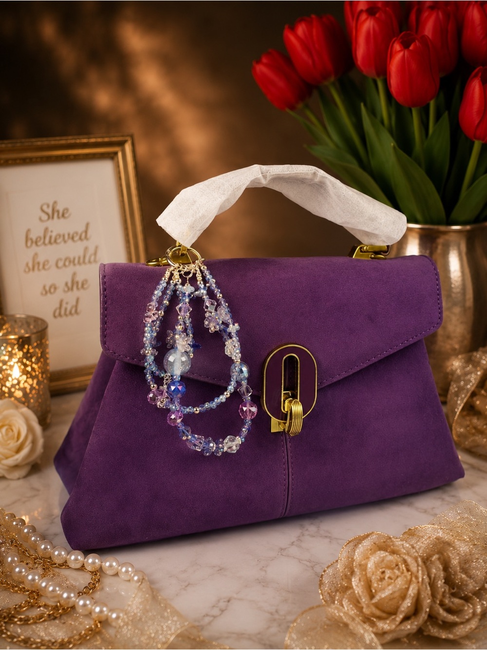 Gorgeous Purple Suede Top-Handle Women’s Handbag with free keychain